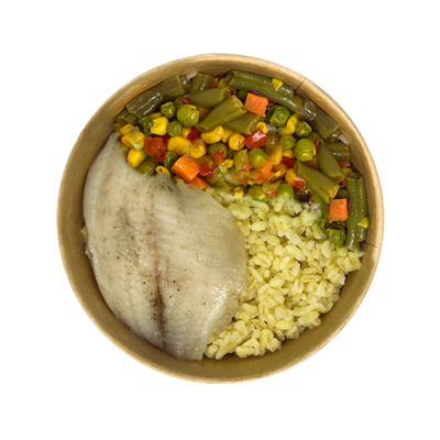 Булгур + тілапія на пару + мікс овочевий